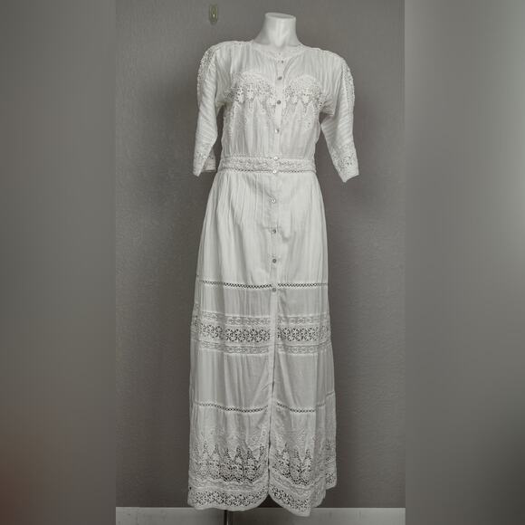 LoveShackFancy Beth Midi Dress White Crochet Lace Crewneck Button Up Size Small - Picture 2 of 16
